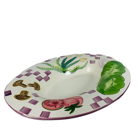 Laurie Gates Oval Serving Bowl Heavy Ceramic Hand Painted Vegetable Checkerboard - Picture 3 of 12